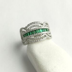 Art Deco Emerald CZ cocktail ring 14k white gold size 7